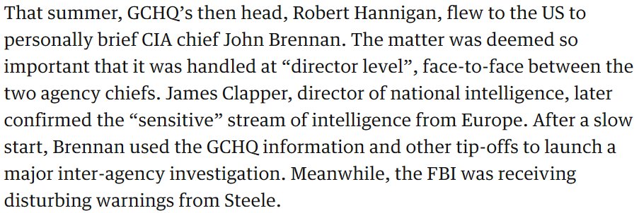 19/ Britain's GHCQ is also a plausible contender since Robert Hannigan chose to brief John Brennan rather than his counterpart Mike Rogers about sensitive information, which likely included technical and/or signals intelligence https://www.theguardian.com/news/2017/nov/15/how-trump-walked-into-putins-web-luke