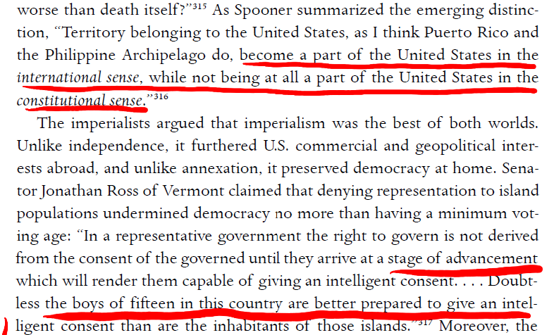 US leaders felt they had to hold the Philippines, but all previous territorial acquisitions had been put on a path to statehood. How to do one without the other?They realized the path to statehood was a norm (not written in the Constitution), so they broke that norm. [7/9]