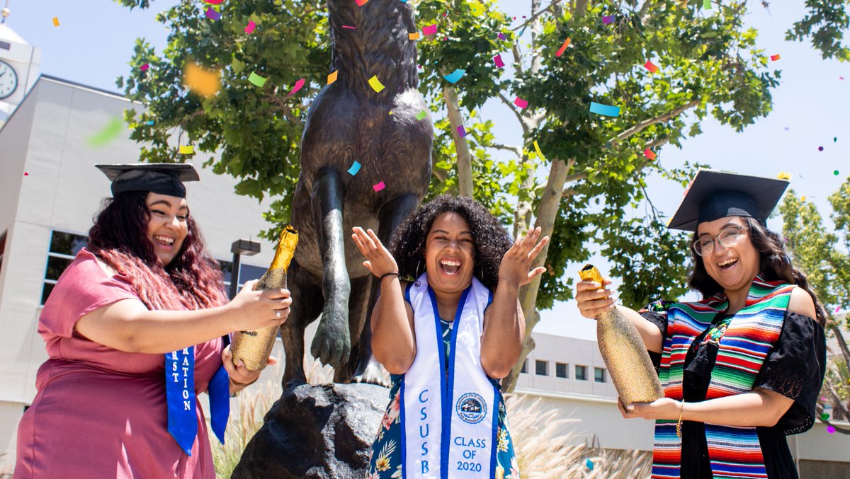 CSUSBAlumni's tweet photo. "Here's to the Undergraduate Studies Dean's Office 2020 Graduates!! (missing Kass) So proud of all the hard work and sass throughout this journey together. Continue defining our future as forever yotes!" -Carolina Yanez-Macias 🐺 💙 🎓  #CSUSBGrad20 #2020CoyoteStrongGrad #CSUSB https://t.co/HKvesbVoem