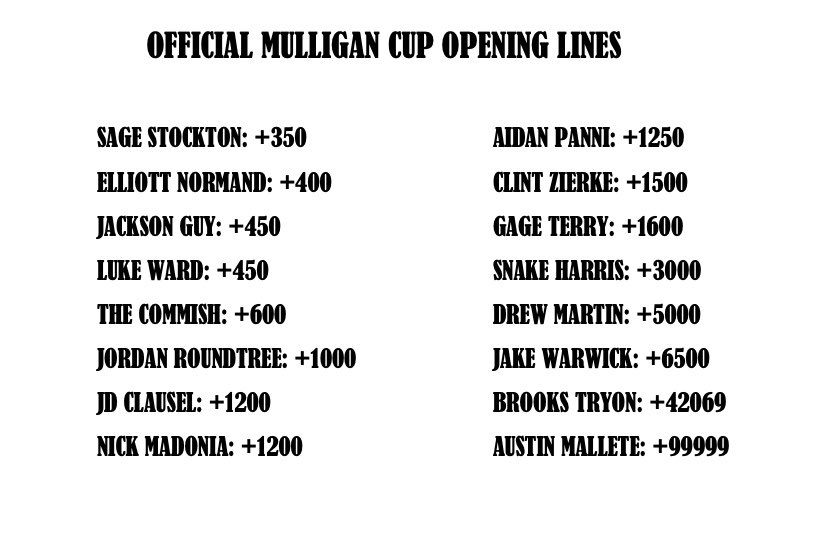In honor of there being one week until a new Mulligan Cup Champion is crowned, here are your opening betting lines!