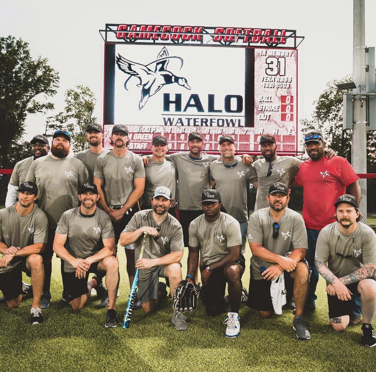 RileyGreenMusic's tweet photo. First annual @JSUGamecocks benefit softball game was a HIT. And the intimidation mustache got the job done. Thanks everybody for coming out to support JSU. #halowaterfowl #jsu https://t.co/Ig8e3uZ3w8