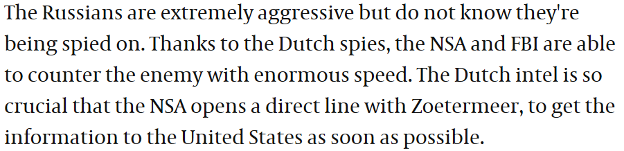 22/ Finally, the Dutch AIVD seems the least likely candidate, largely because it appears it communicated its warnings via a direct line with the NSA, rather than via the CIA. But I digress. https://www.volkskrant.nl/wetenschap/dutch-agencies-provide-crucial-intel-about-russia-s-interference-in-us-elections~b4f8111b/