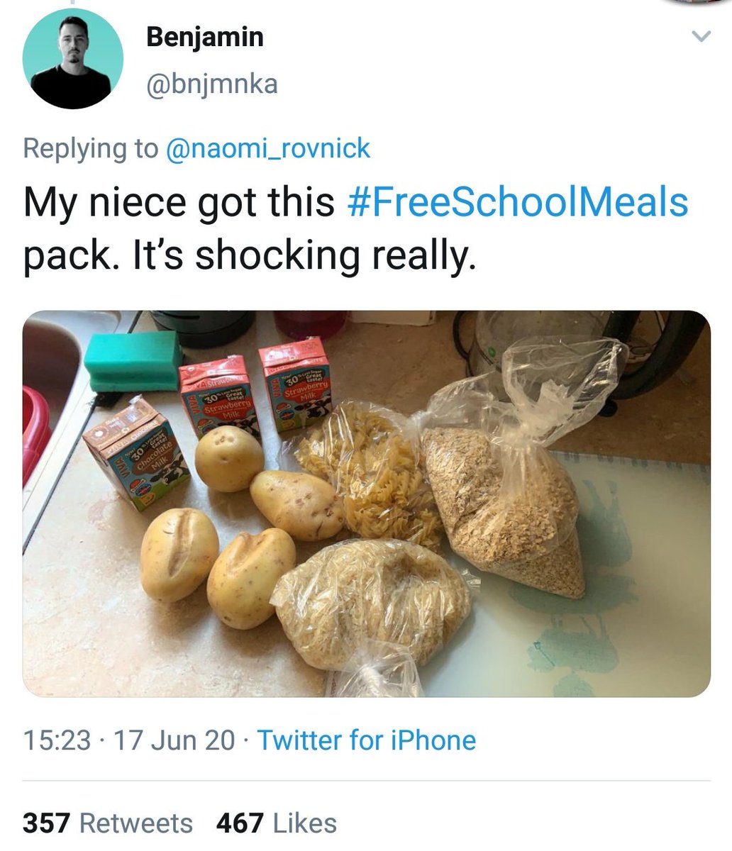 Another example of shocking negligence of health and wellbeing of struggling families. In the face of an unprecedented crisis, adequate nutrition was not a priority. As the result some children's  #FreeSchoolMealsLooked like this:  https://www.theguardian.com/world/2020/jun/21/government-attacked-for-ignoring-expert-advice-on-nutrition-in-food-parcels  https://twitter.com/RobbieCanCook/status/1273631492757995522