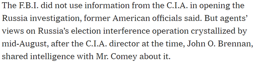 23/ Like the NSA, the FBI did not have “high confidence” in the attribution to the GRU in late July. In fact, per a NYT piece published last October, the FBI only came to share the CIA’s confidence in the GRU-hacking attribution in mid-August of 2016. https://www.nytimes.com/2019/10/24/us/politics/john-durham-criminal-investigation.html
