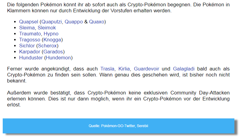 GO: Diese neuen Pokémon könnt ihr nun als Crypto-Pokémon finden! - Plinfa · 01. August 2019, 20:00 Uhr (UTC)

Neue Crypto-Pokémon wurden für Pokémon GO bekanntgegeben, die ihr euch ab sofort im Kampf gegen die Team GO Rocket-Rüpel begegnen und anschließend auch fangen könnt.