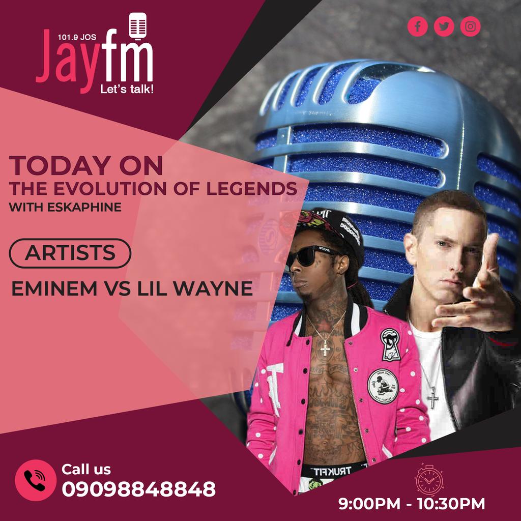jayfmjos's tweet photo. Tonight on #TheEvolutionOfLegends, we are gonna be going on head to head with 2 rap legends Eminem vs Lil Wayne. So join @deejayeska by 9pm https://t.co/GCKJ72k1H4