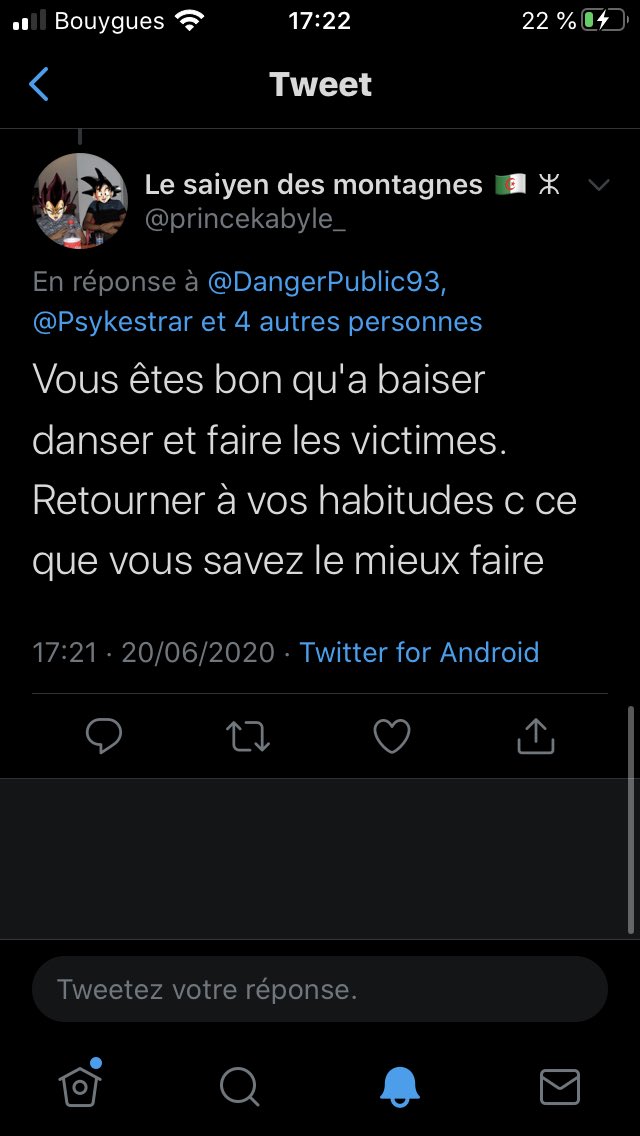 On ne parlent pas assez de ce genre de déchet, une negrophobie aussi décomplexé c’est grv même les fachos n’osent pas, la haine se ressent... Les mêmes qui se plaindront d’une Mila alors qu’ils donnent une mauvaise image de leur propre communauté/religion   #ItsOkayToNotBeOkay