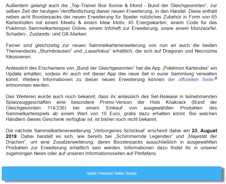 TCG-Erweiterung „SM - Bund der Gleichgesinnten“ ab heute erhältlich! - Plinfa · 02. August 2019, 08:00 Uhr (UTC)

Die neue Sammelkartenerweiterung „Sonne und Mond - Bund der Gleichgesinnten“ ist ab heute im Handel erhältlich.