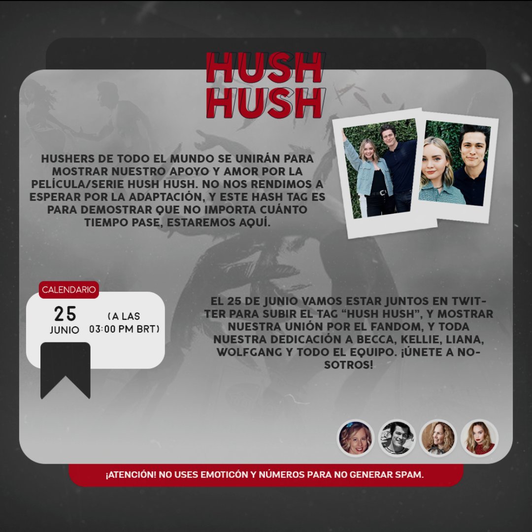 Wolfgangcipria4's tweet image. Este 25 de Junio nos unimos para mostrar nuestro amor por la película/serie de Hush Hush.
Info en las imágenes (desliza, la información está en portugués,ingles y español)

#hushhushmovieorserie #noragrey #patchcipriano  #lianaliberato  #wolfgangnovogratz #beccafitzpatrick