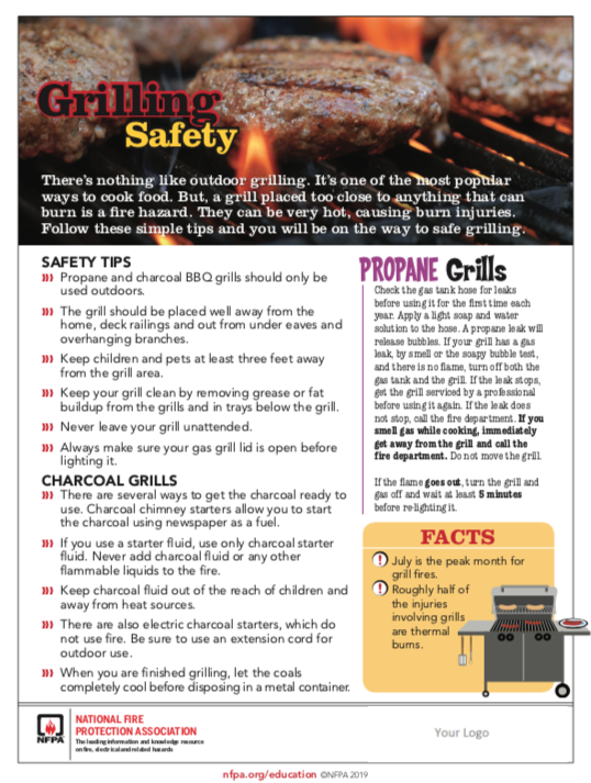 C4Tomorrow's tweet image. Summertime means it's time to fire up the grill! Don't forget to place your grill in an open space, away from your home, any deck railing or awnings. Check out this cheat sheet from the @NFPA for more safety tips!