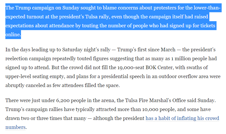 Move on to the next three paragraphs of the story. The first few paragraphs lay out the facts that WaPo feels safe publishing, which is, in practice, only the facts that neither party has contested: attendance was low, Trump blamed it on protests, and Trump raised expectations.