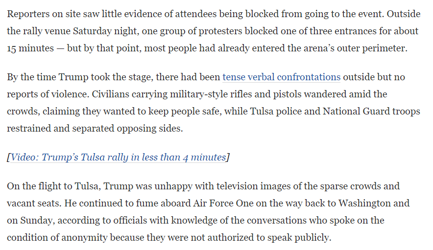 Only in the tenth paragraph do actual reporters contribute anything of their own - the (obvious) observation that there was "little evidence" of hordes of protesters blocking Trump fans from attending. And that claim is immediately qualified. The subject is quickly changed.