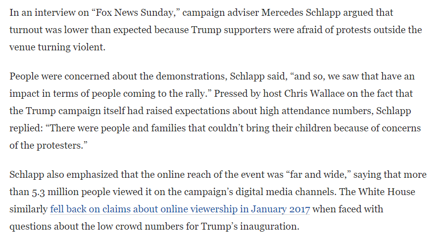 The next SIX PARAGRAPHS are devoted to the claims of the Trump campaign, and Trump surrogates: that protesters had kept attendance low, and that stories about social media sabotage were false. Note that these assertions ACTUALLY COME BEFORE THE CLAIMS THEY'RE REBUTTING.