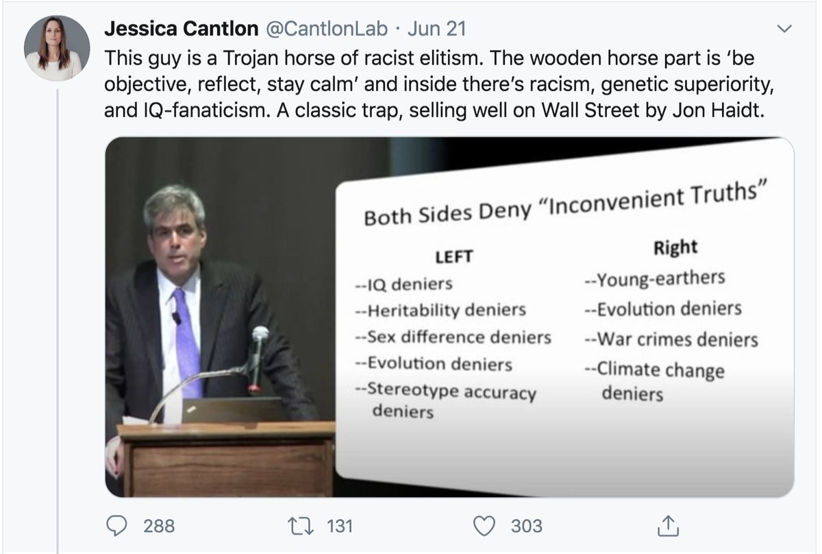 Does this Associate Professor of Psychology genuinely believe that Jon Haidt is a "trojan horse for racist elitism?" I highly doubt it.She's much more likely to be a hyper-careerist who sees this moment in time as an *opportunity* to climb the ranks of her social hierarchy.