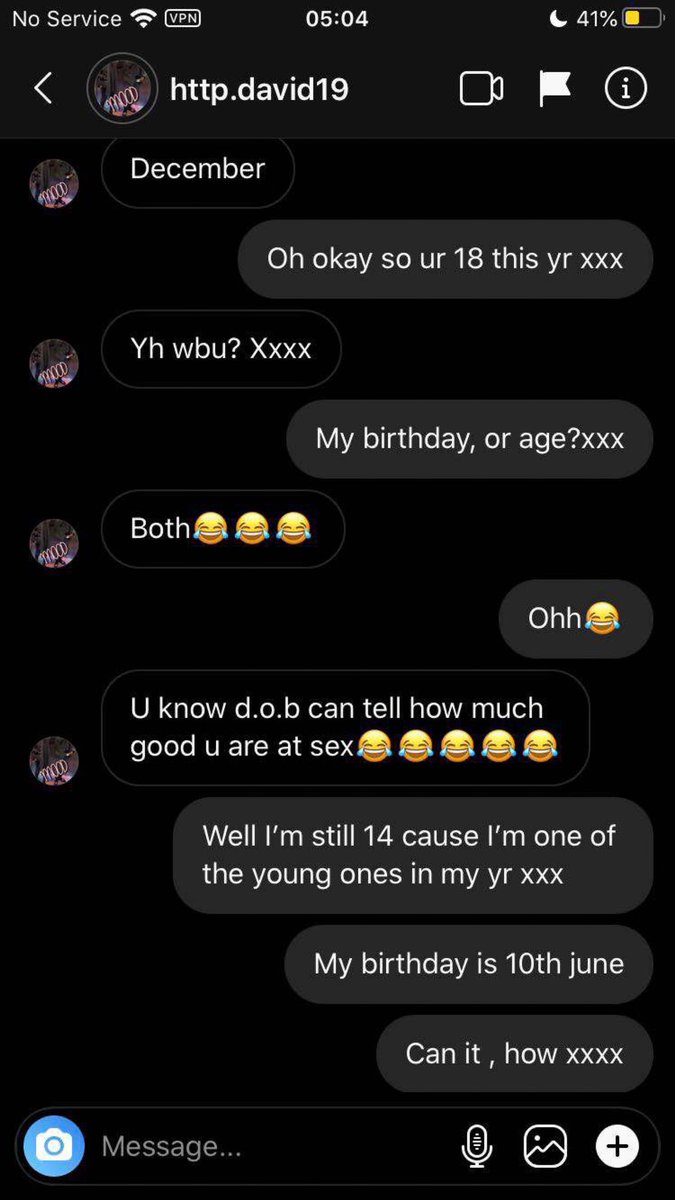 His @ was  @http_david19 and he started talking to a girl when he was turning 18 and she was 14. After he turned 18 he began begging her for sex and asking her to bunk school to meet him. She wants to remain anonymous but I have screenshots from their dms to post.