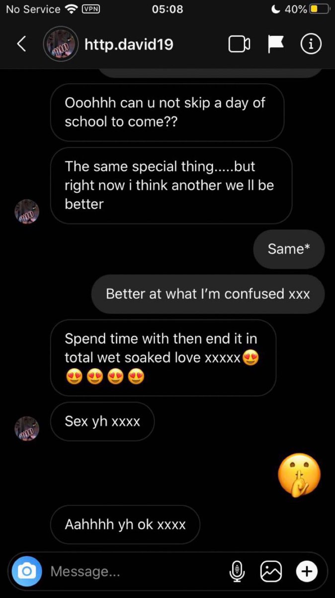 His @ was  @http_david19 and he started talking to a girl when he was turning 18 and she was 14. After he turned 18 he began begging her for sex and asking her to bunk school to meet him. She wants to remain anonymous but I have screenshots from their dms to post.