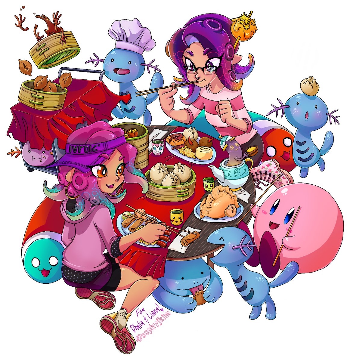 Sophyjkim's tweet photo. Fun times with dim sum and Woopers!  For @eggbanhmi and @NeoMaxico! #Splatoon #Splatoon2 #Pokemon https://t.co/pVBg5Dwmol