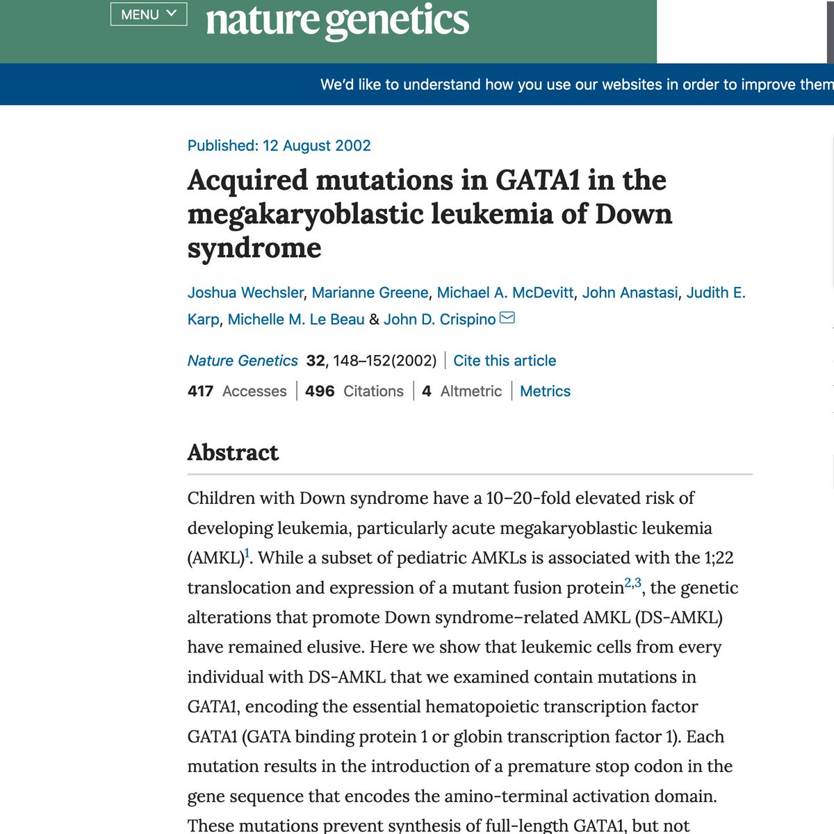 So why are TMD and AML so common in trisomy 21? Wechsler & colleagues (John Crispino) described in 2002  @NatureGenet that hematopoietic cells that acquire a mutation in the key X-encoded transcription factor GATA1 in the setting of trisomy 21 gain a proliferative advantage./24