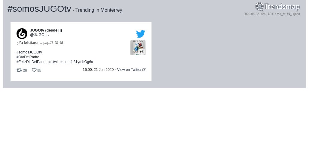 #somosjugotv es ahora una tendencia en #Monterrey

trendsmap.com/r/MX_MON_urjbod
