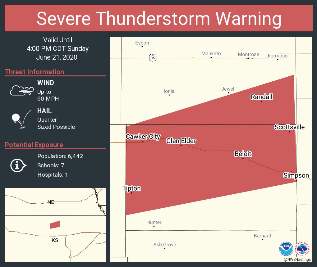 Severe Thunderstorm Warning continues for Beloit KS, Cawker City KS