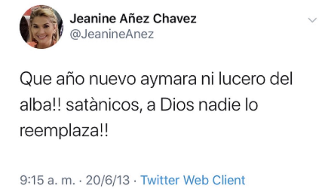 DestiemposNews's tweet photo. Después de calificar como rítos satánicos, Jenaine Añez saluda a los bolivianos por el #AñoNuevoAndinoAmazónicoydelChaco

El año 2013 la entonces diputada Jeanine Añez mostraba su desprecio a los rituales nativos, sin embargo hoy conmemora la fecha del Año Nuevo Andino Amazónico https://t.co/cGlJF12MXn