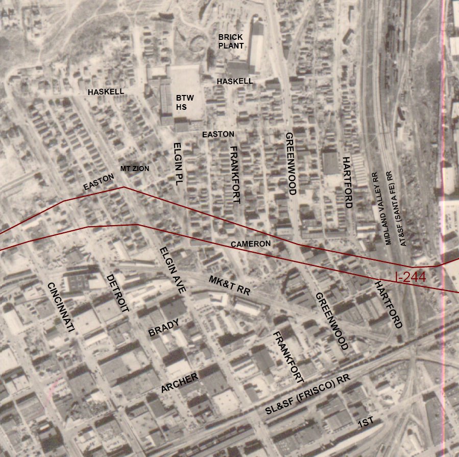 As others, pointed out, it wasn't just the highway, "Urban Renewal" is to blame too.  @cityoftulsagov leveled buildings for a new school. You can see just how densely settled the area was.  @osutulsa sits where Booker T Washington was.  #BlackWallStreet