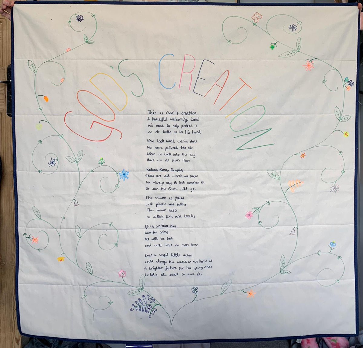 saintanneskew's tweet photo. Our Junior Church’s @CofEEnvironment @CAidLondon #lettersforcreation quilt is finished! 36 children contributed, drawing and/or writing their hopes and dreams for the future of our earth. Sewed together by a member of our congregation. Well done Junior Church! https://t.co/oc00lAopUK