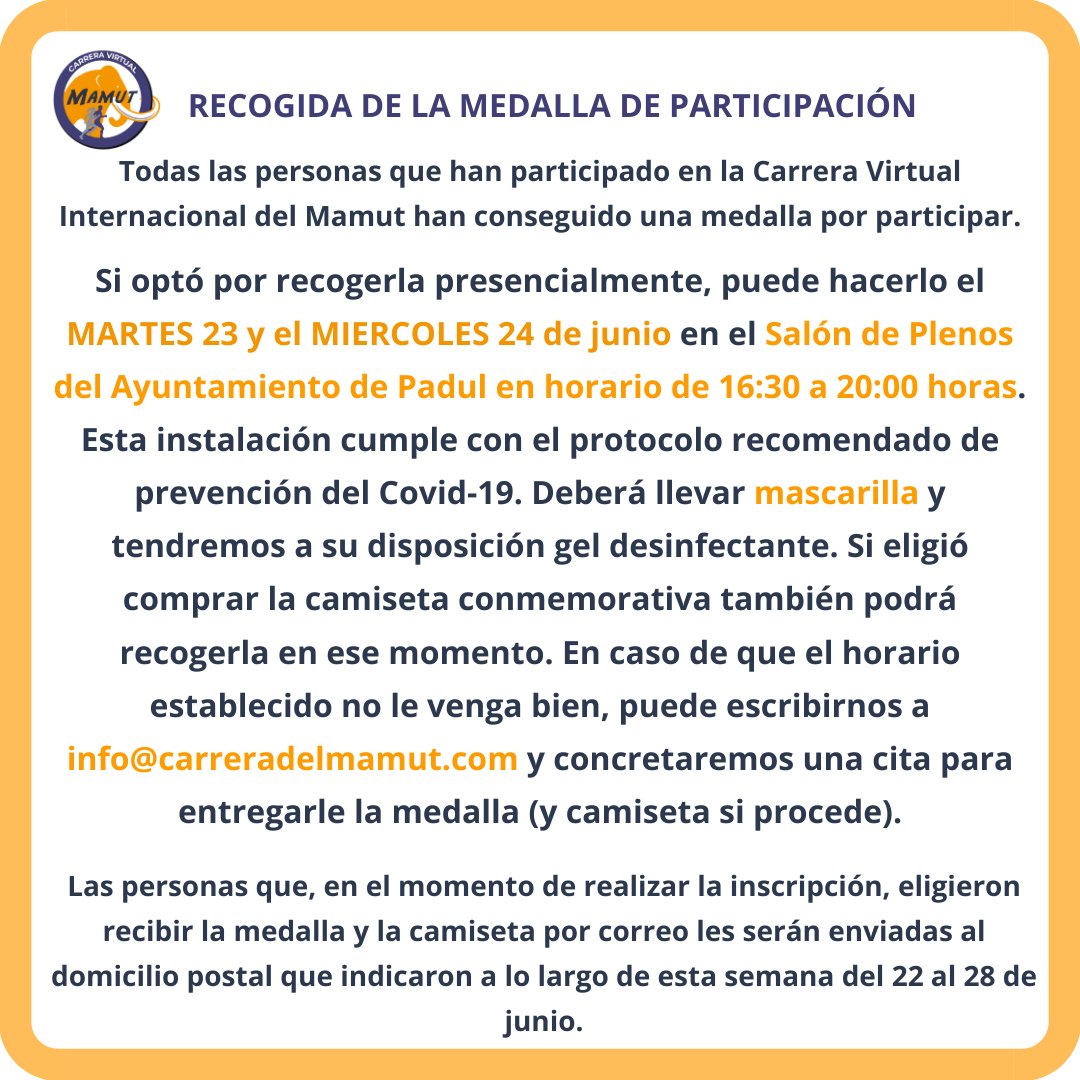 La edición virtual de la Carrera del Mamut llega a su fin, mañana se publicarán las clasificaciones en Global-Tempo. Os dejamos la información para recoger la medalla conmemorativa del evento, gracias por vuestra confianza!!