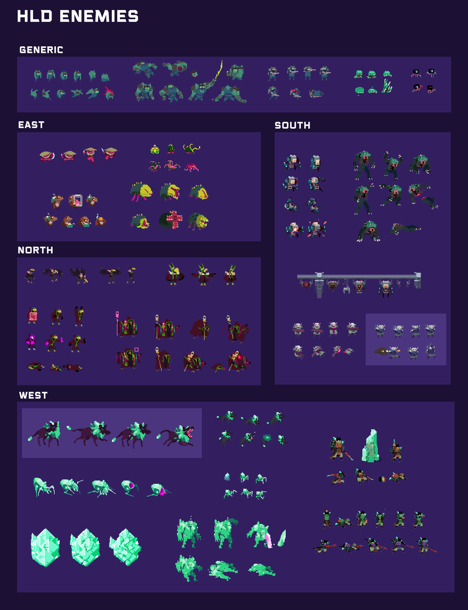 Sorted through the massive archive of HLD sprite rips this weekend and made some compilation sheets of most of the characters!

#HyperLightDrifter