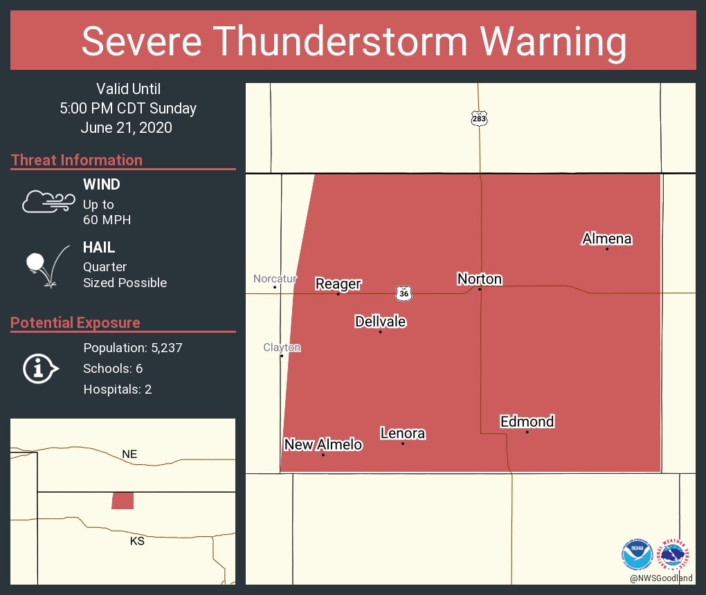 Severe Thunderstorm Warning continues for Norton KS, Almena KS, Lenora