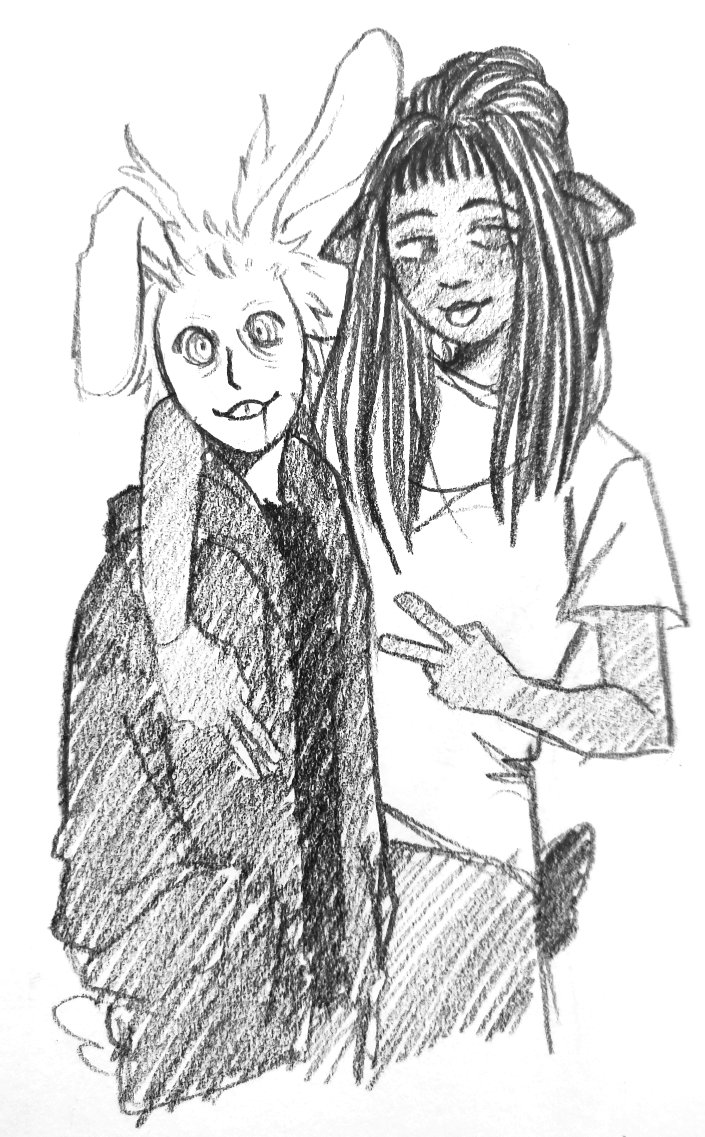 Her...her name is Mehri Alice, she's a sheep shifter, and her boyfriend was a lab animal...but they chilling now.
(The rabbit shifter's name is Roger and he belongs to @lovechaotica)