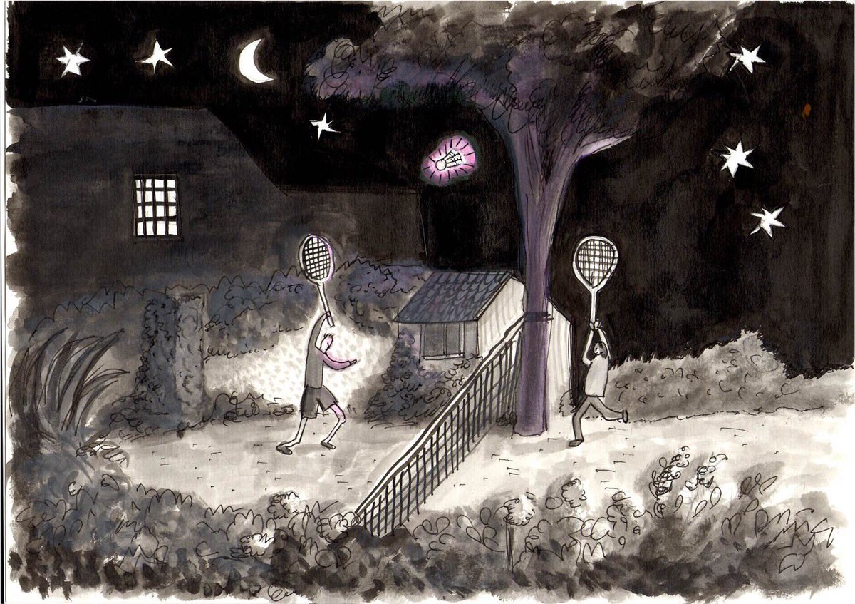 jillshackers's tweet photo. It is too windy to play tonight, but thank you @therealgeo_ for capturing the fun with this wonderful pen and ink sketch. #NightTimeBadminton #whereiscraig https://t.co/Jhb79iecaV