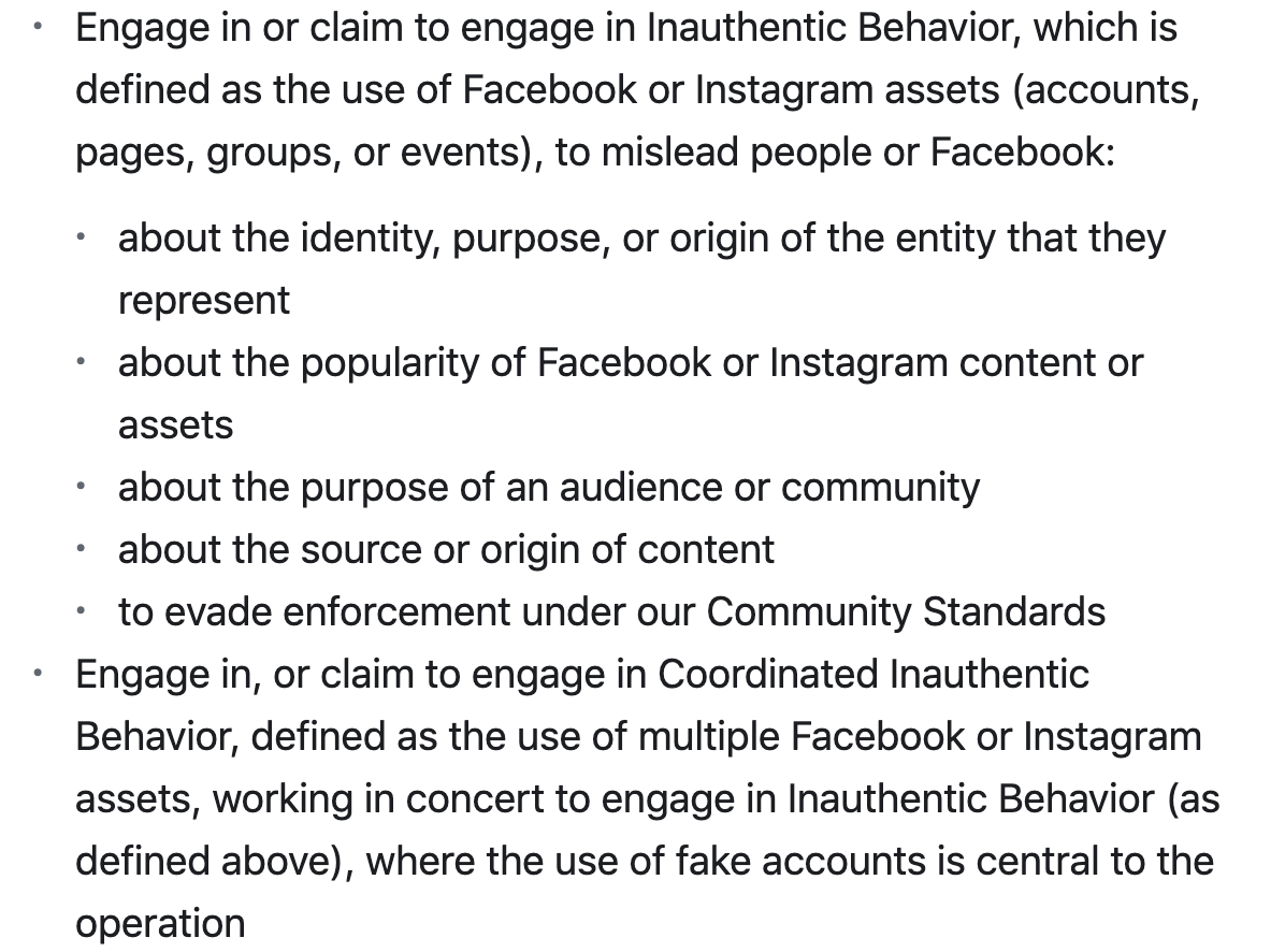 7/ To paraphrase, CIB is when a network of assets on our platforms work together to mislead people or FB about a set of factors we detail in our CS and “centrally rely on the use of fake accounts” to do so.