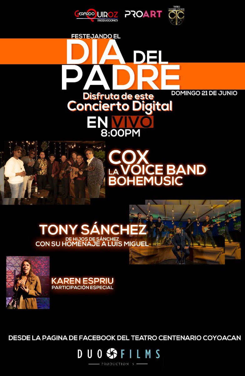 ¡HOY NO TE PIERDAS ESTE GRAN CONCIERTO!
Festejamos a papá de una manera muy diferente con este gran concierto virtual! 
No te lo pierdas, hoy a las 8:00 pm desde la cuenta oficial de facebook #TeatroCentenarioCoyoacan y cuentas oficiales de #Proart
¡Feliz Día del padre!