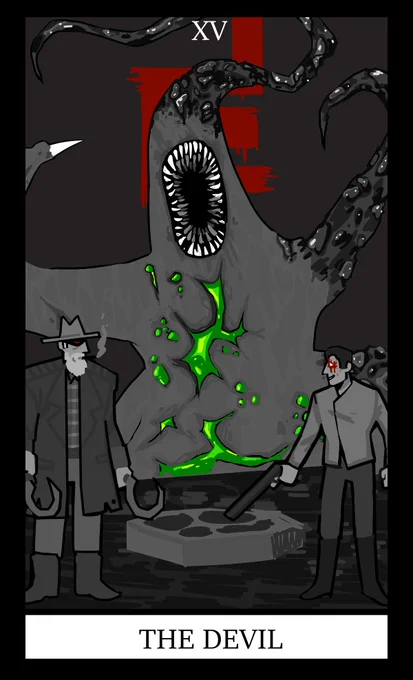 card 1 of 22 - The DEVIL (Nyarlathotep)

control, manipulation, violence, entrapment

I'm gonna retouch these later when I finish the whole set but.............here I go taking on a big illustration project again
#duskgame #newblood #newbloodtarot 