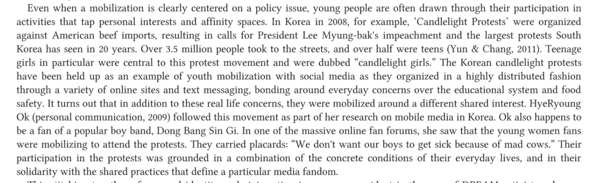 10/ And finally, anyone surprised at coordinated activism by K-Pop fans may want to look at the massive, nationwide protests in Korea in 2008, primarily organized on the fan forums of a popular boy band. Don’t mess with K-Pop. (text from  https://books.google.com/books?id=lC_sDwAAQBAJ)