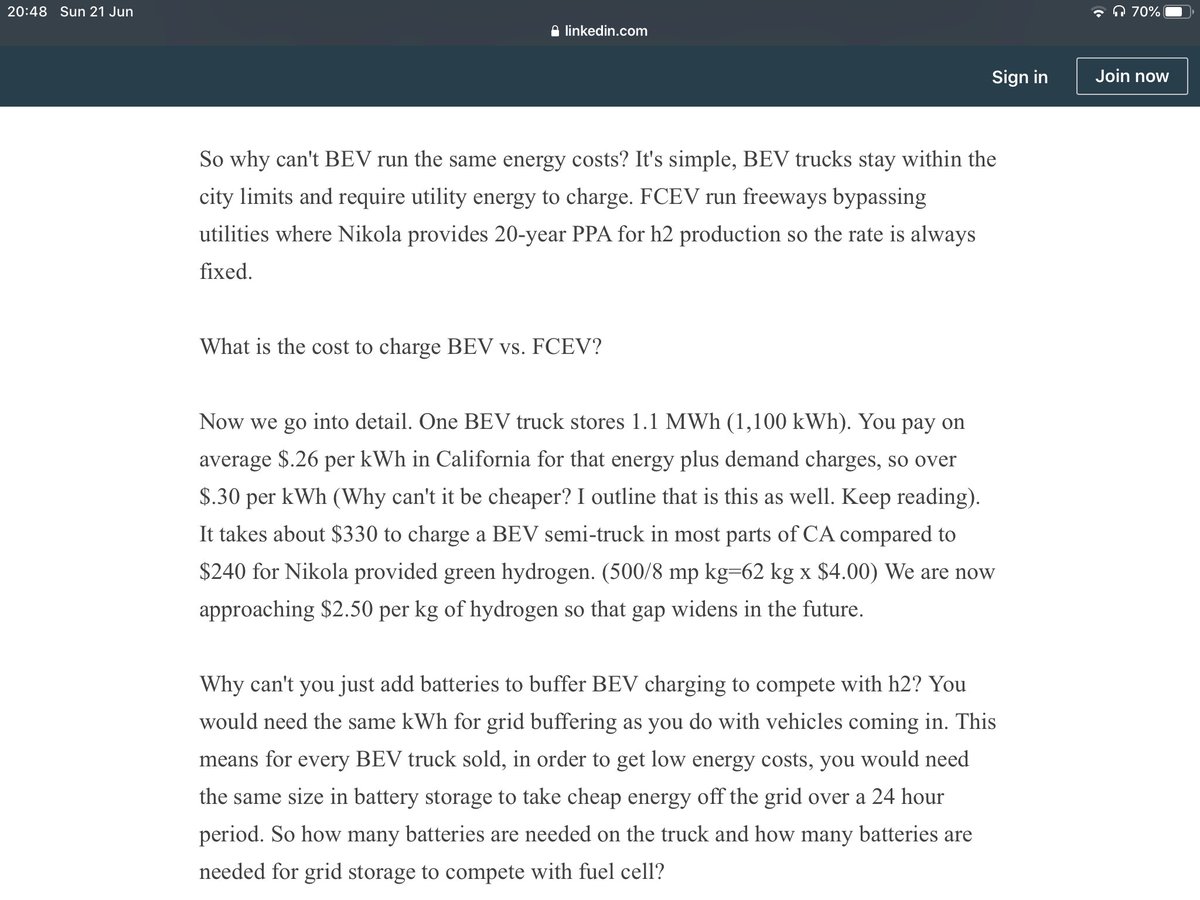 This pack, if charged at the same time as hydrogen filling, would take energy from the grid without any of the ‘grid buffer’ mentioned in the last paragraph of this screenshot. Now the grid price is not set in stone but let’s be generous and also assume $0.07/kWh for the Nikola.