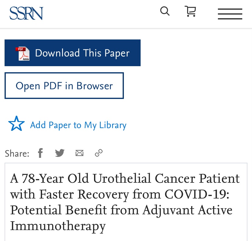 Urothelial Cancer Patient with Faster Recovery from COVID-19: Potential Benefit from Adjuvant Active Immunotherapy

dx.doi.org/10.2139/ssrn.3…

<a href="/minsaude/">Ministério da Saúde 🩵</a> @mctic <a href="/SSRN/">SSRN</a> <a href="/AgenciaFAPESP/">Agência FAPESP</a> <a href="/AmericanCancer/">American Cancer Society</a> <a href="/OPASOMSBrasil/">OPAS/OMS Brasil</a> <a href="/jornaldarecord/">Jornal da Record</a>