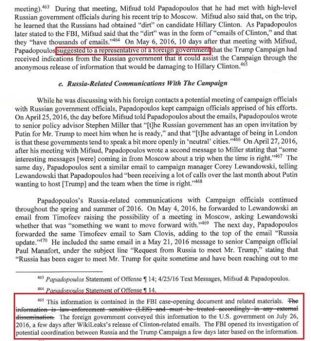 27) This means Downer's information, which originated the Peter Strzok EC actually came from Erika Thompson; and not a conversation with Papadopoulos.Which is why the Mueller report is intentionally obtuse on the origination claim. [Pg #89] https://www.scribd.com/document/406725805/Mueller-Report#from_embed