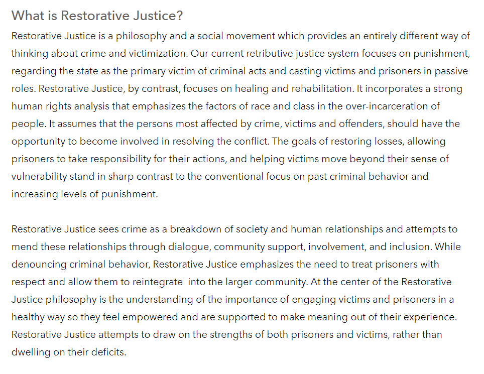 PROBLEM  COURT: SENTENCINGDespite positive outcomes in restorative justice programs in juvenile court and other countries, not yet expanded to adult offending in the US. Expand Restorative Justice strategies to adult criminal court. See https://www.pbs.org/newshour/nation/states-consider-restorative-justice-alternative-mass-incarceration