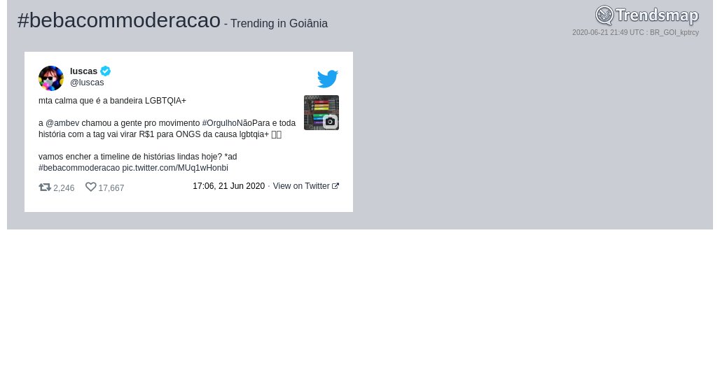 TrendsGoiania's tweet photo. #bebacommoderacao é tendência em #Goiânia

https://t.co/MliIkKco2V https://t.co/8PCuaESEHQ