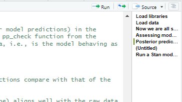 RiikkaPK's tweet photo. For the first time I realized R has a document outline feature where you can make your sections into an outline and jump right on to the relevant one without scrolling 🤯#rstats #phdchat #phdlife https://t.co/bvWd1X9wTC