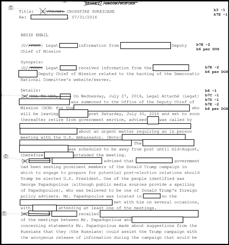 33) Somehow the information was transmitted to the Federal Bureau of Investigation. Crossfire Hurricane was then opened on July 31, 2016 by FBI Agent Peter Strzok.[READ 4-page EC]