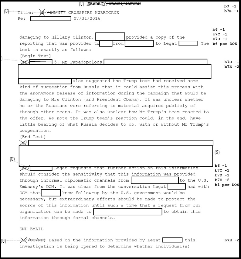 33) Somehow the information was transmitted to the Federal Bureau of Investigation. Crossfire Hurricane was then opened on July 31, 2016 by FBI Agent Peter Strzok.[READ 4-page EC]