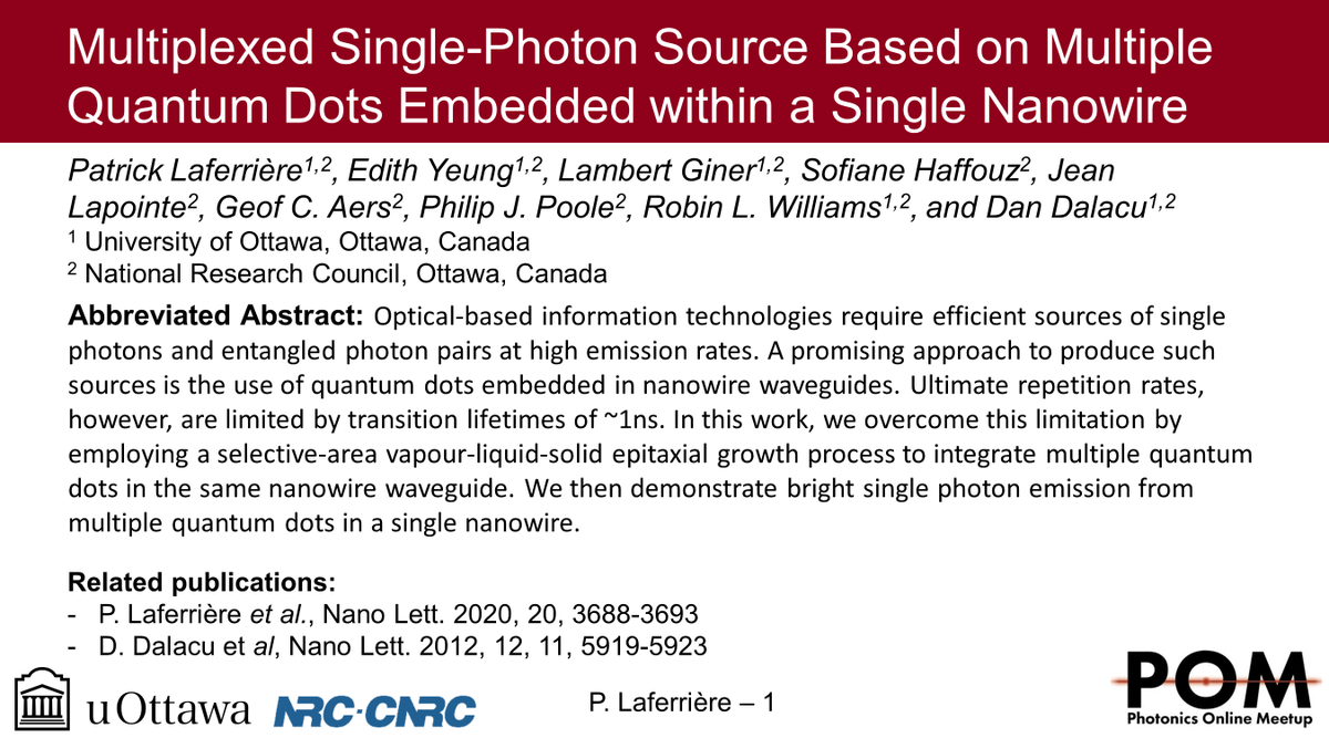 PatrickLaferri5's tweet photo. We demonstrate the growth of multiple quantum dots within a single nanowire waveguide by a bottom-up selective-area vapour-liquid-solid growth process. Each quantum dot is shown to act as a bright, efficient, independent single photon source.  
@PhotonicsMeetup
 #POM20ju #POM20LM https://t.co/yZi3WjFlWB