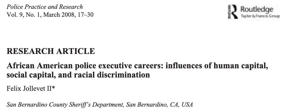 305/ "The findings suggest that when African American police executives reach the very pinnacle of their careers and are at the most public of positions, they experience dramatically increased resistance from whites about their commands." ( @sbcountysheriff)