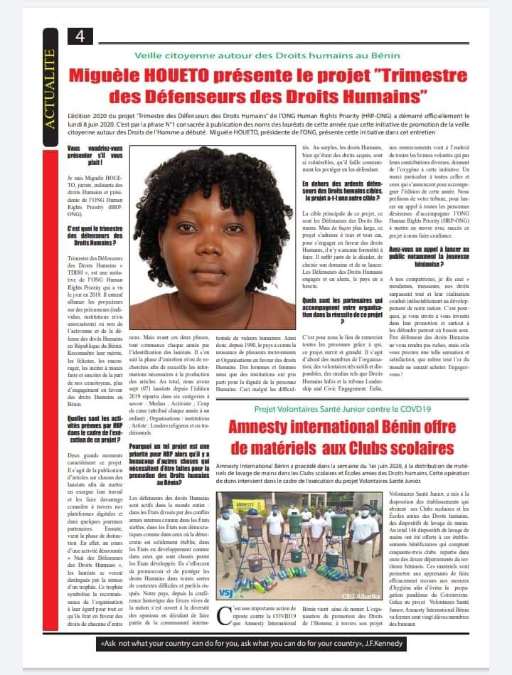 HRP_ONG229's tweet photo. @dossa_claude, Défenseur des Droits Humains lauréat dans la catégorie média. Projet Trimestre des Défenseurs des Droits Humains.
@ambafrancebenin @wacsi @Journal_DHI @UNHumanRights @gouvbenin @AfricaDefenders @Defenseurdroits @achpr_cadhp @wasexo https://t.co/vB2e8XS2Rc