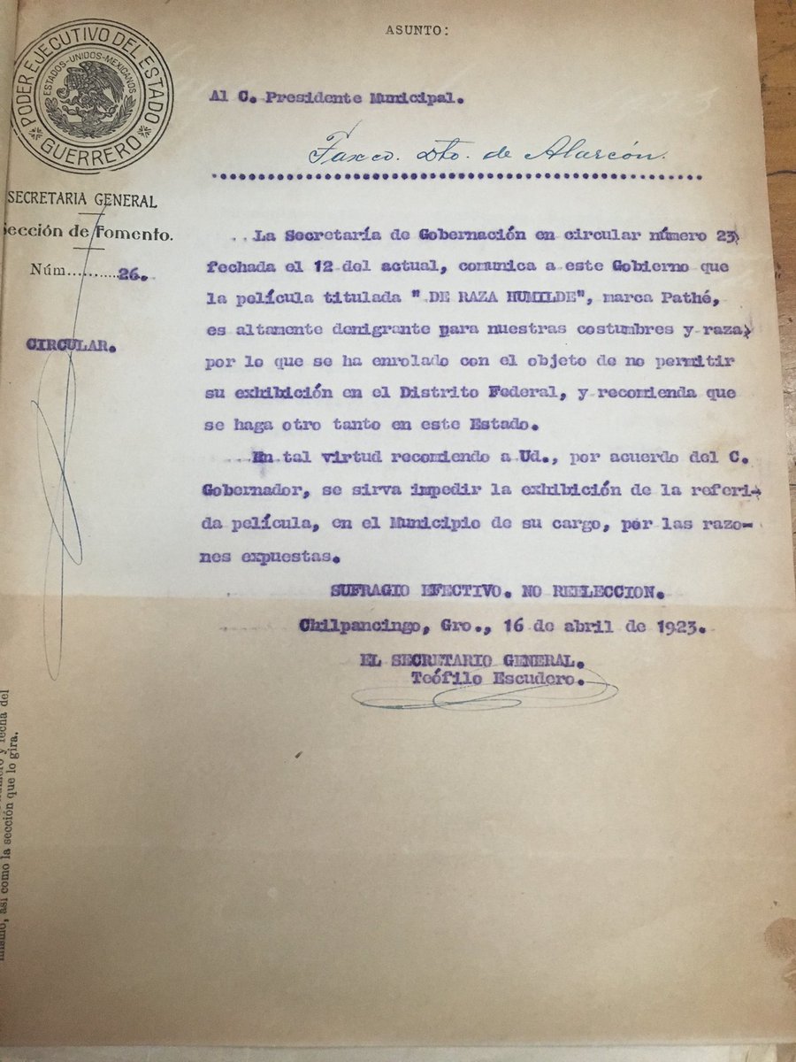 Before US authorities used racism to deport 500,000 Mexicans in the 1930s, the Mexican govt tried to control how racist US films about Mexico reached Mexicans by sending letters like these to municipalities warning local authorities of the incoming racist depictions of Mexicans.