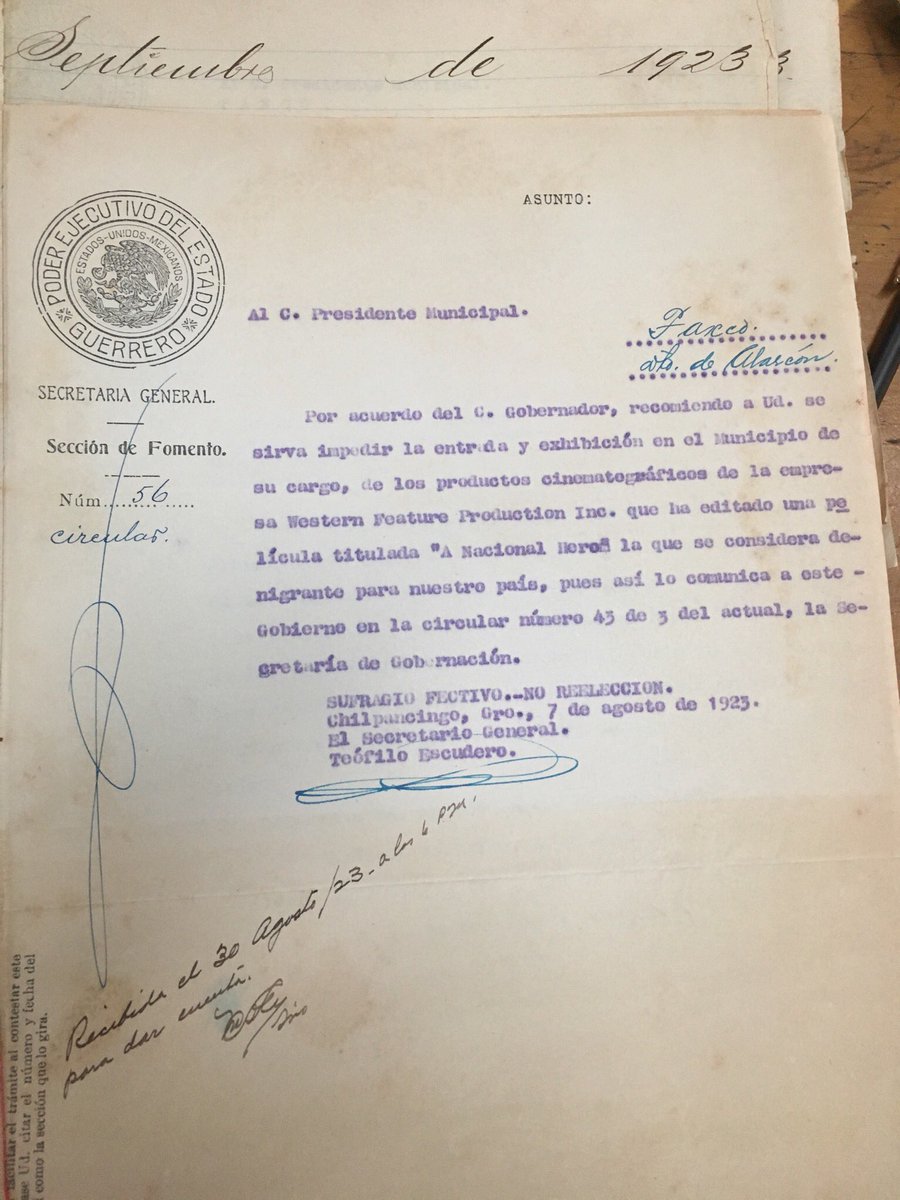 Before US authorities used racism to deport 500,000 Mexicans in the 1930s, the Mexican govt tried to control how racist US films about Mexico reached Mexicans by sending letters like these to municipalities warning local authorities of the incoming racist depictions of Mexicans.