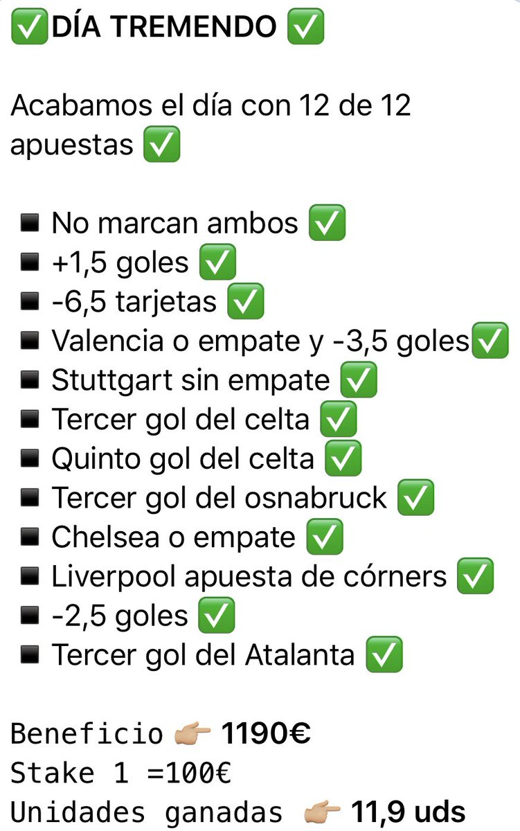 ElTipstero_'s tweet photo. BUENAS Y VERDES NOCHES ✅

Así finalizamos la jornada de hoy por el grupo de telegram gratuito , dale un RT para que pueda ganar también más gente 💪🏼

Ahora a descansar para empezar una nueva semana 💪🏼

Canal de telegram 👉🏼https://t.co/czpgCgMYMH https://t.co/mZHll0tGqT